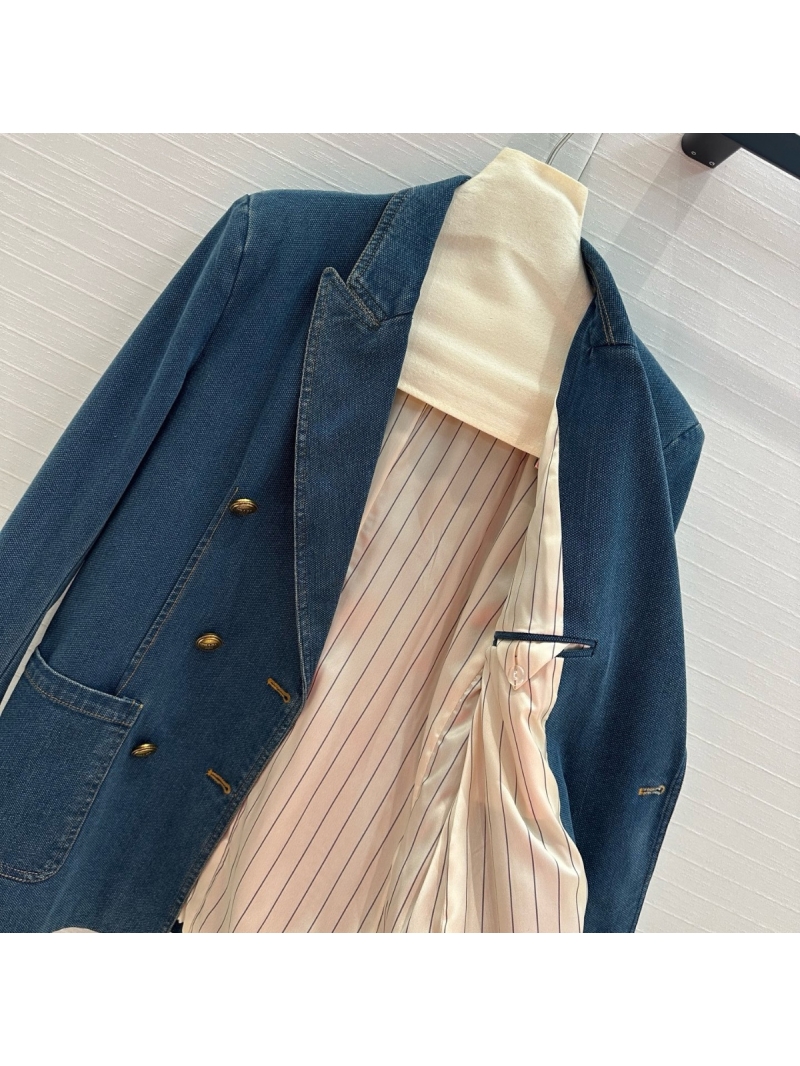 Prada Double-Breasted Denim Blazer with Distressed Metal Buttons