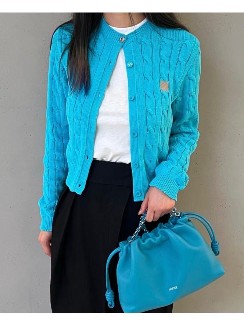 Loewe Exclusive High-Intelligence Styling: Luxe Macaron Blue Cardigan with Gold Button & Embroidered Logo