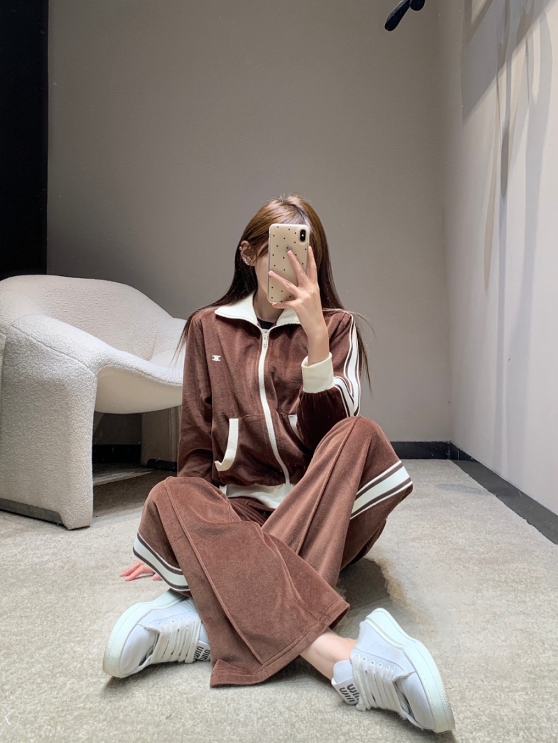 Celine Paris Velour Zip-Up High Collar Track Jacket & Pants Set in Caramel