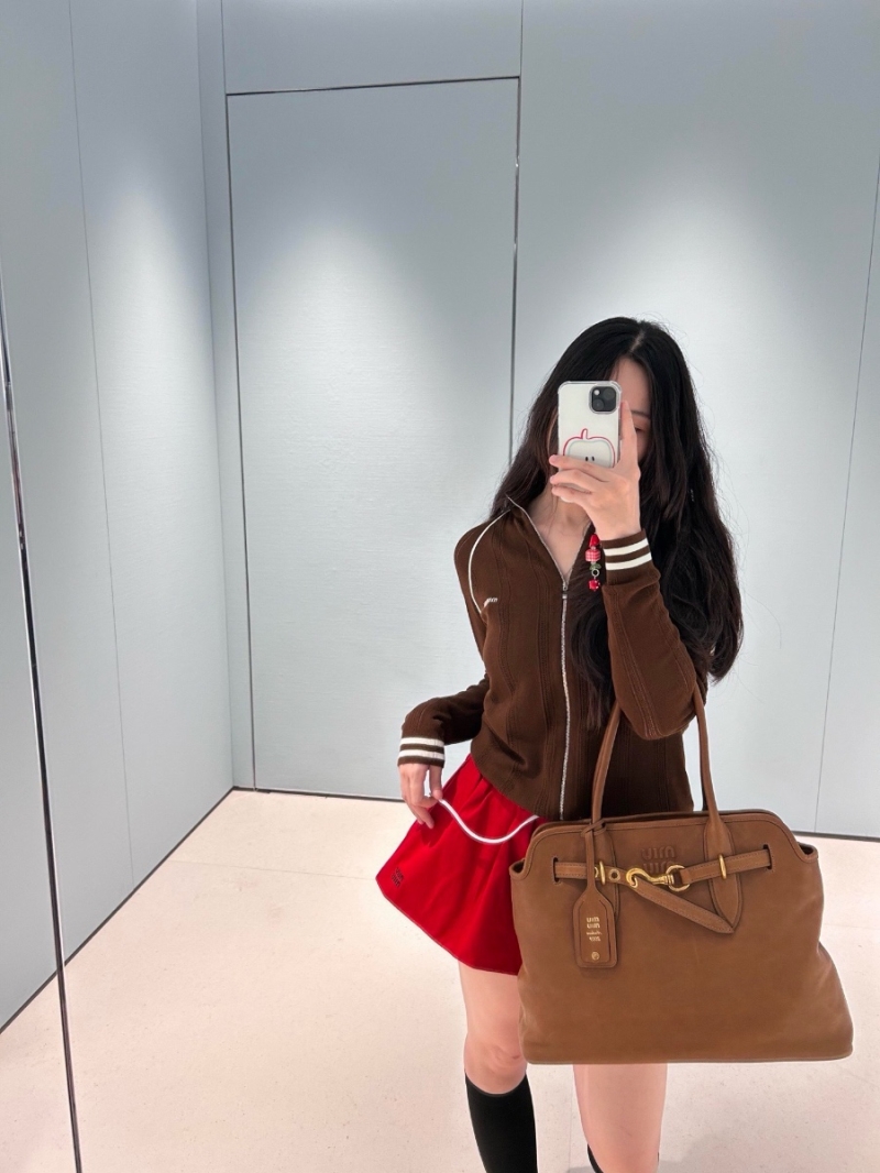 Miu Miu Long Sleeve Zip-Up Knitted Jacket in Rich Brown - Luxe Wool Blend with Signature Logo