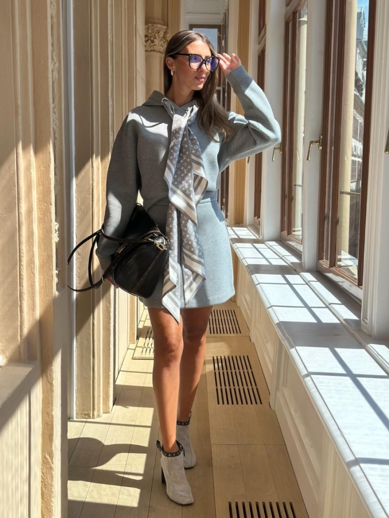 Louis Vuitton Monogram Scarf Hoodie and Skirt Set - Gray