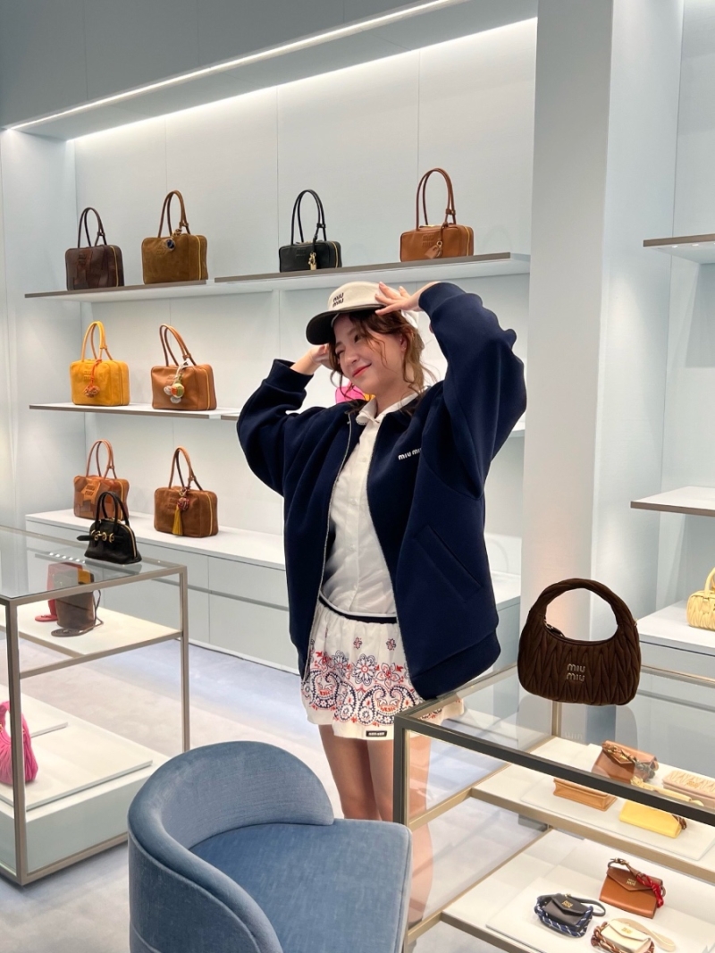 Miu Miu Navy Blue Letter-Embroidered Stand Collar Zip-Up Bomber Jacket