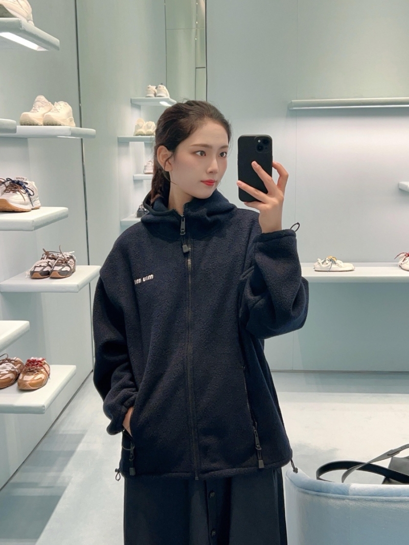 Miu Miu Exclusive Logo-Embroidered Fleece Hooded Jacket Unisex