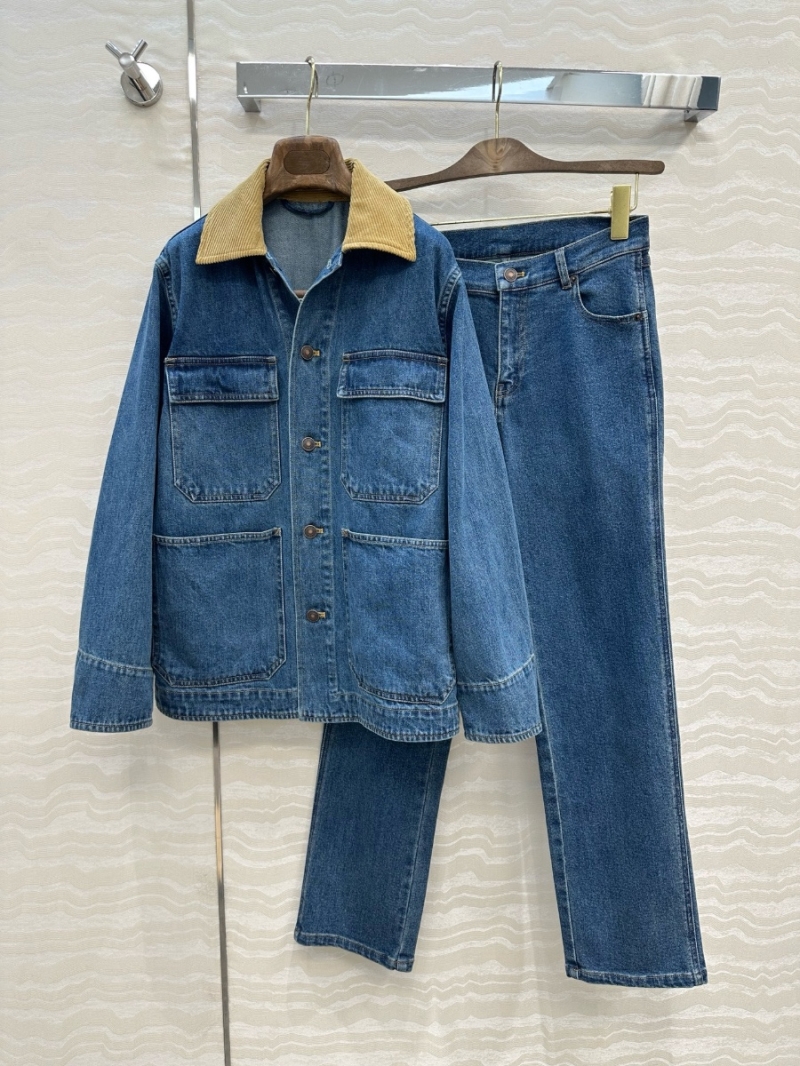 Loro Piana Exclusive High-Intelligence Style Vintage Washed Blue Denim Jacket with Corduroy Collar