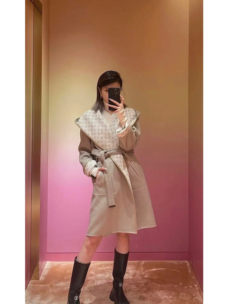 Louis Vuitton LV Classic Monogram Wool Hooded Coat Oatmeal 