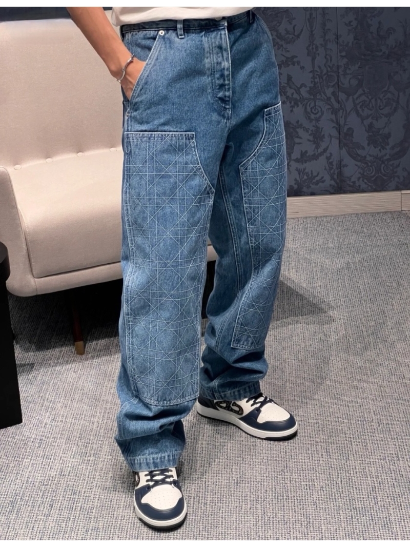 Dior Quilted Diamond-Pattern Light Blue Denim Jeans - Unisex Luxury Workwear