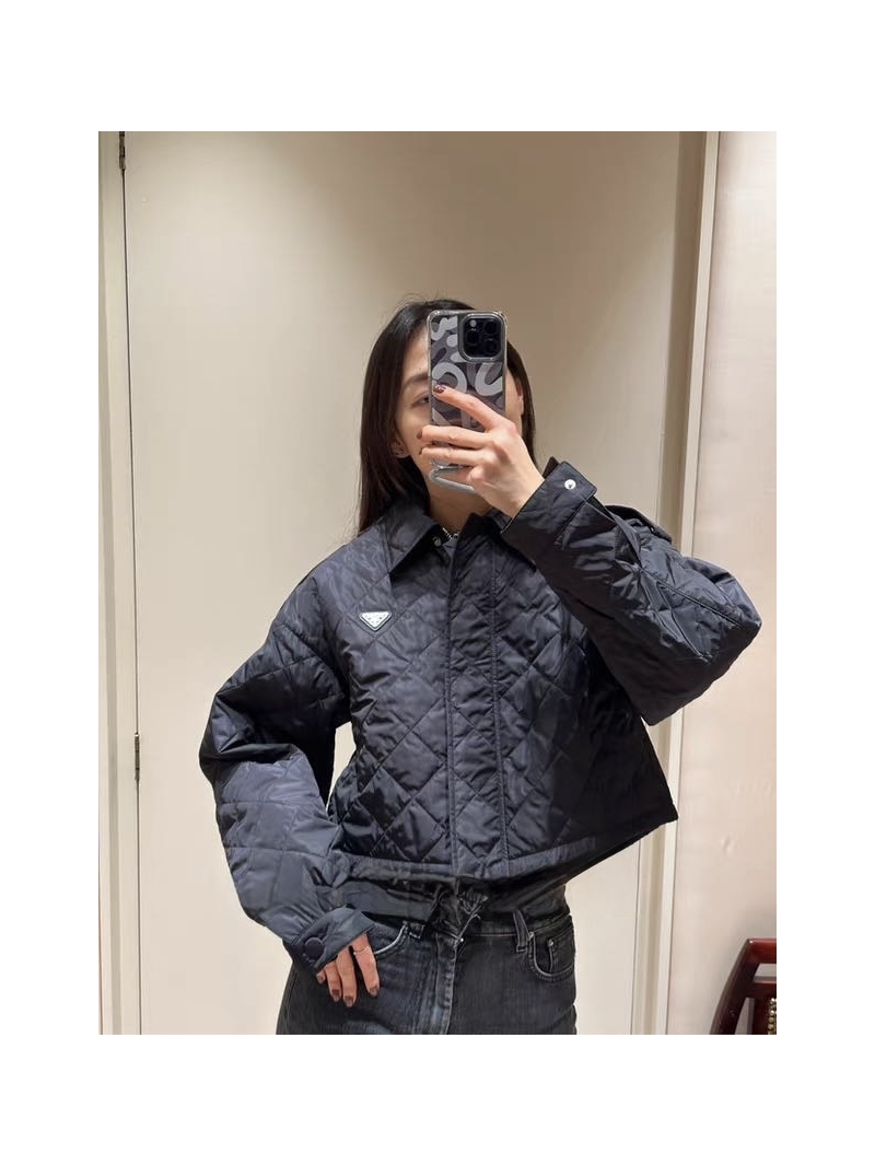 Prada Exclusive Diamond-Quilted Short Puffer Jacket with Signature Metal Logo