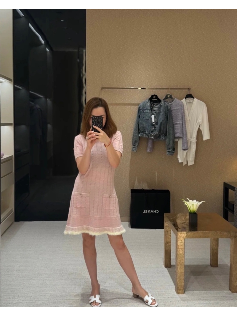 Chanel Exclusive 25B Collection Luxe Pink Knit Short Sleeve Dress with Floral Ruffles