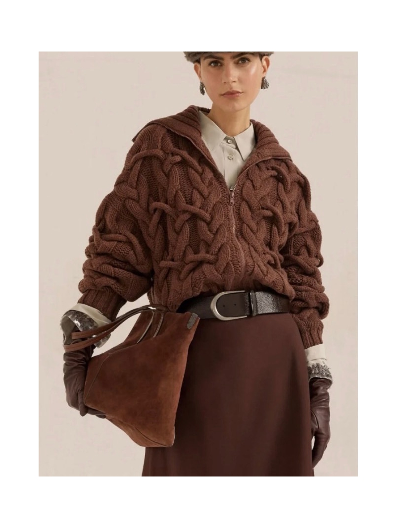 Brunello Cucinelli Exclusive Luxe Cashmere Crochet Coat in Caramel - Italian High Fashion