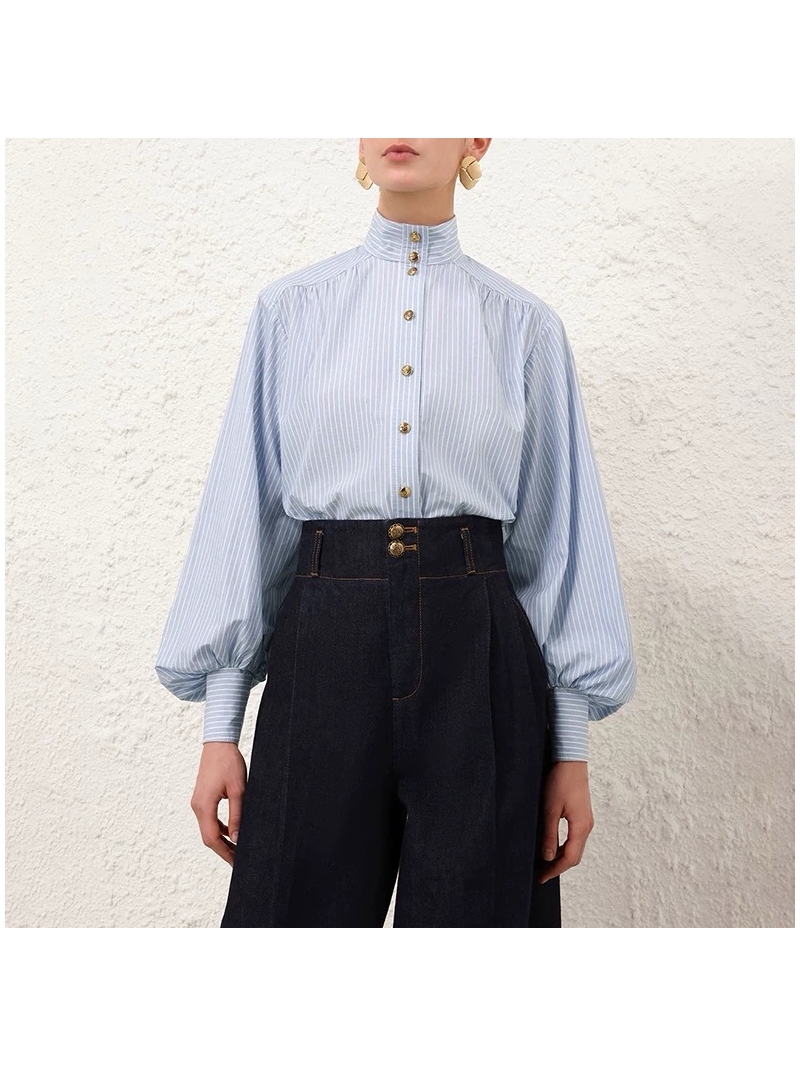 Zimmermann Blue Striped Cotton Shirt with Lantern Sleeves and Elegant Mandarin Collar
