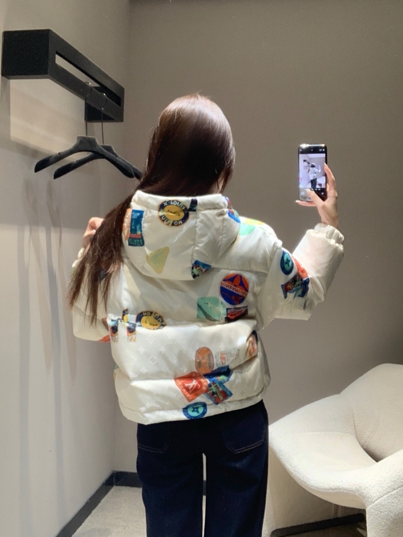 Louis Vuitton 25Fw Exclusive White Puffer Jacket with Colorful Flight Stamp Print