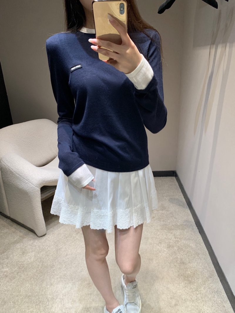 Miu Miu Exclusive Early Fall Letter Logo Wool Long-Sleeve Layered Top in Deep Blue