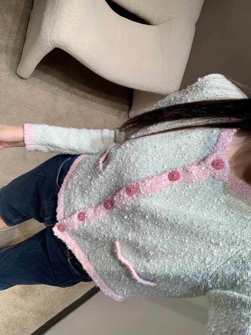 Chanel Exclusive Luxe Textured Single-Button Knit Cardigan in Soft Green with Pink Accents