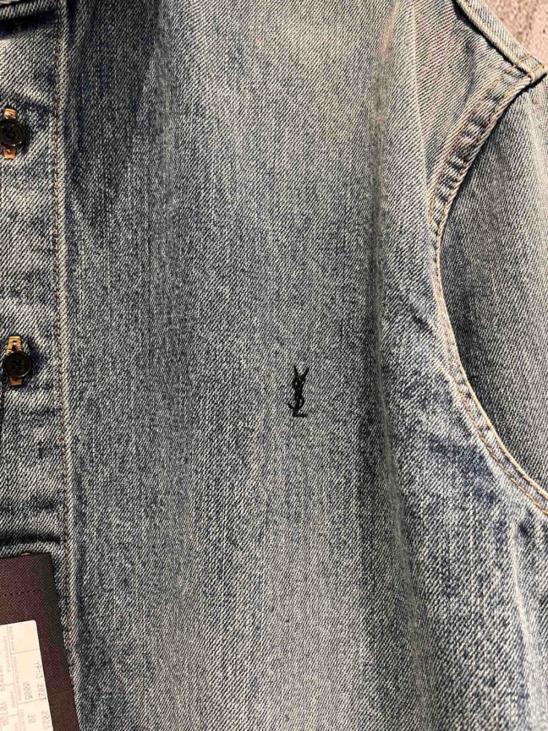 Saint Laurent YSL 23FW Unisex Retro Letter Embroidered Imported Washed Denim Shirt Jacket