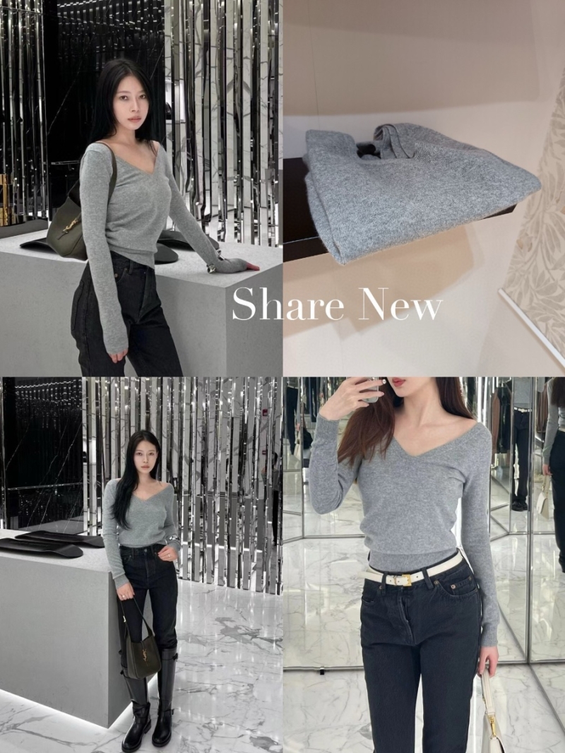 Saint Laurent YSL Elegant Gray Cashmere Knit V-Neck Sweater