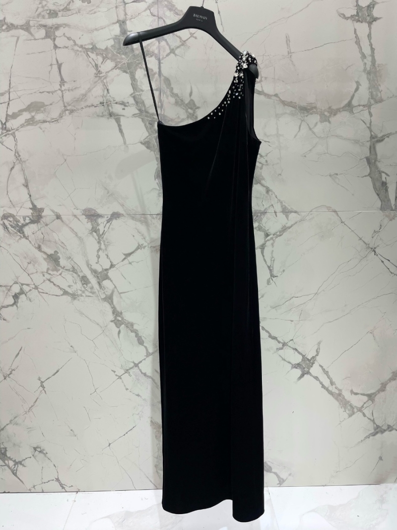 Balmain New Velvet Gown with Crystal-Embellished Shoulder