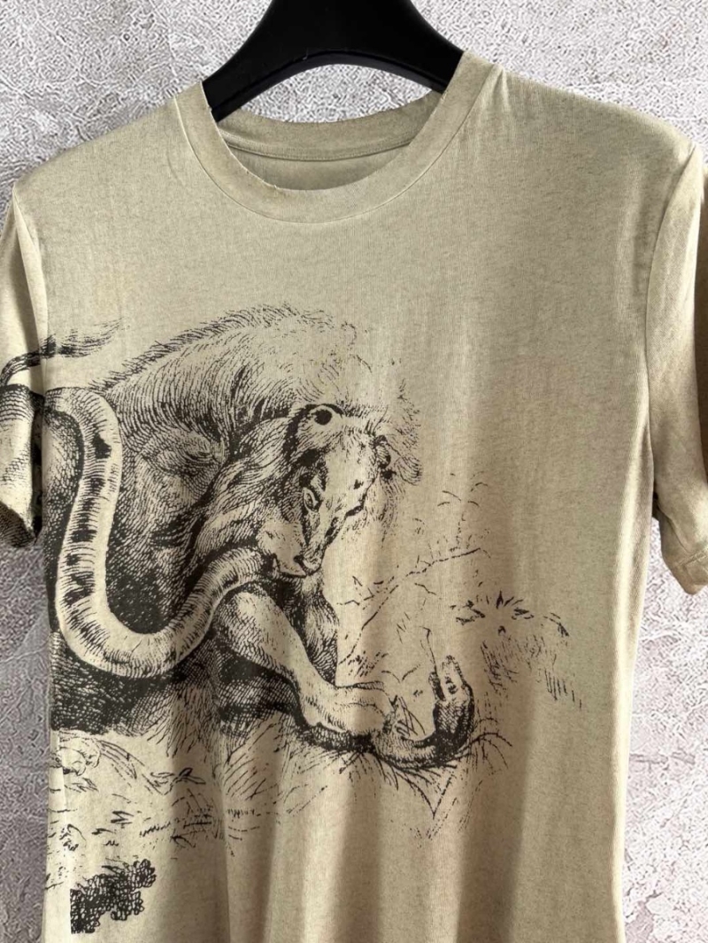 Dior Lion Graphic T-Shirt green – Artisanally Distressed Cotton-Linen Blend