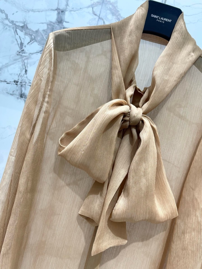 Saint Laurent 2024 New Sheer Blouse with Bow Detail Camel