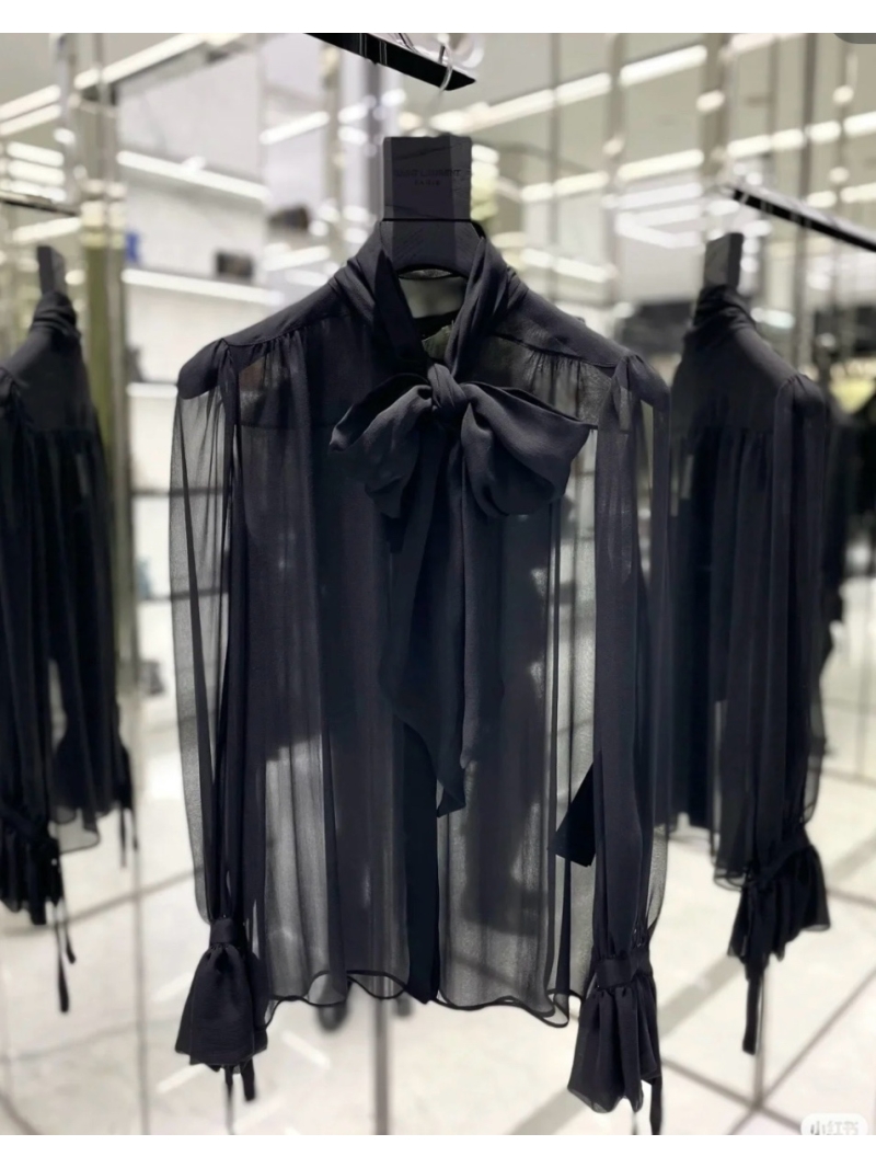 Saint Laurent 2024 New Sheer Blouse with Bow Detail Black