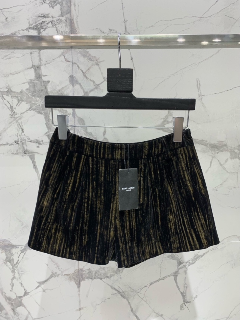 YSL Saint Laurent Gold-Pressed Velvet Pleated Shorts