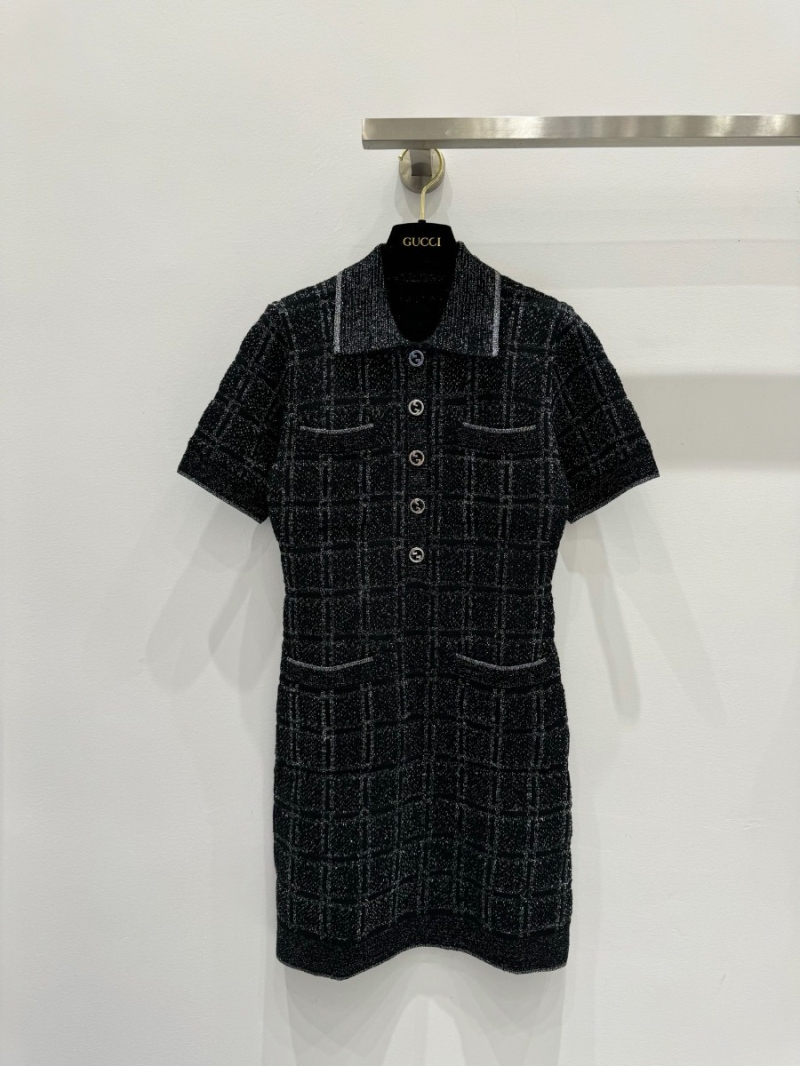 Gucci 25SS Early Spring Collection Gold Thread Plaid Collared Dress Black