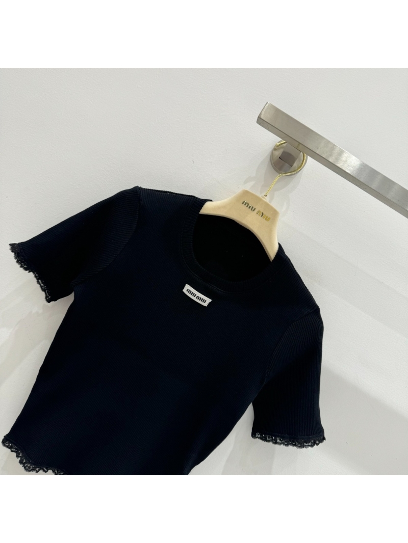 Miu Miu Summer Exclusive Lace-Trimmed Short-Sleeve Top Black- Luxe Cotton Chic