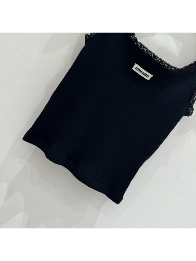 Miu Miu 25SS Summer Chic Lace-Trimmed U-Neck Crop Tank Black- Luxe & Versatile