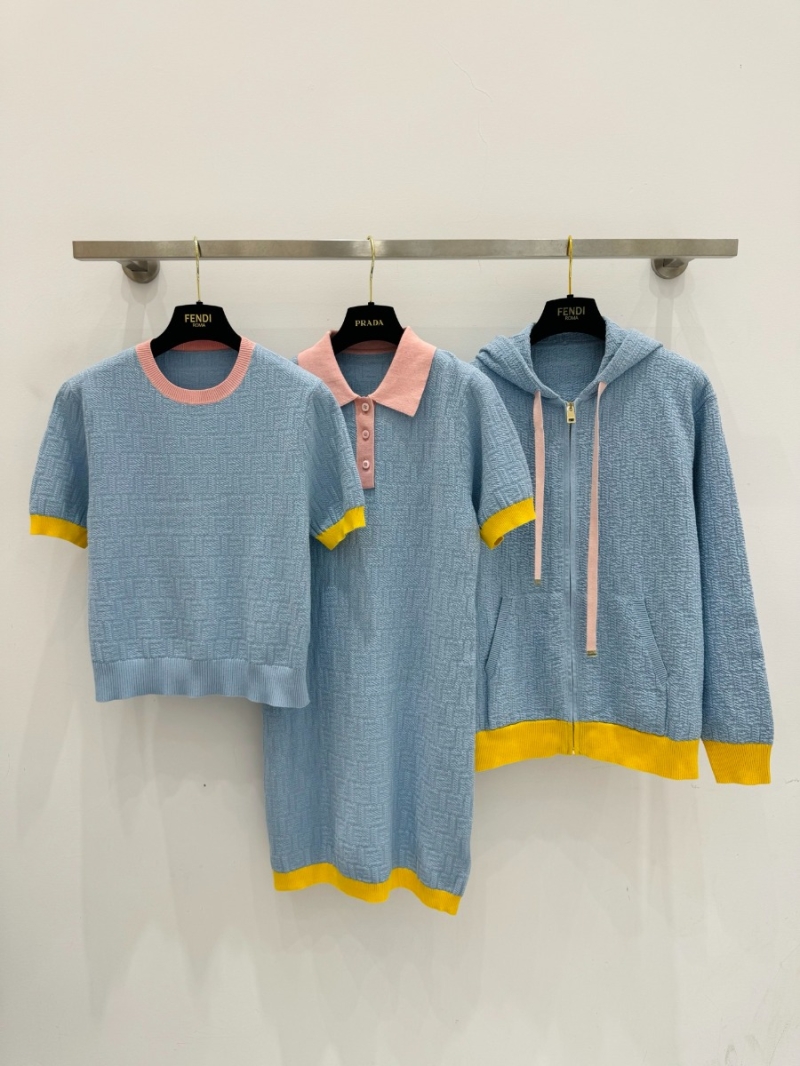 Fendi FF Monogram Cotton-Silk Knit Top in Contrast Pastel Blue