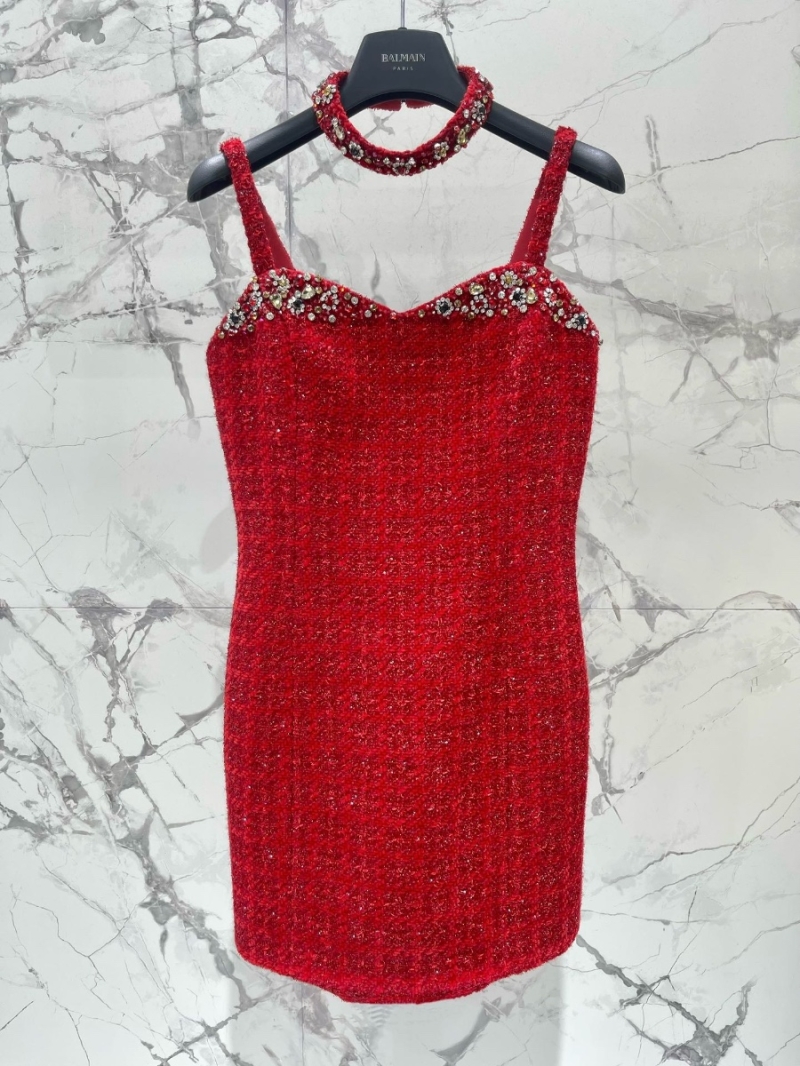Balmain Fall/Winter Black Crystal-Embellished Tweed Strap Dress Red
