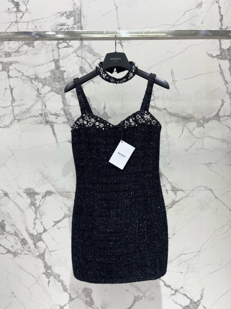 Balmain Fall/Winter Black Crystal-Embellished Tweed Strap Dress