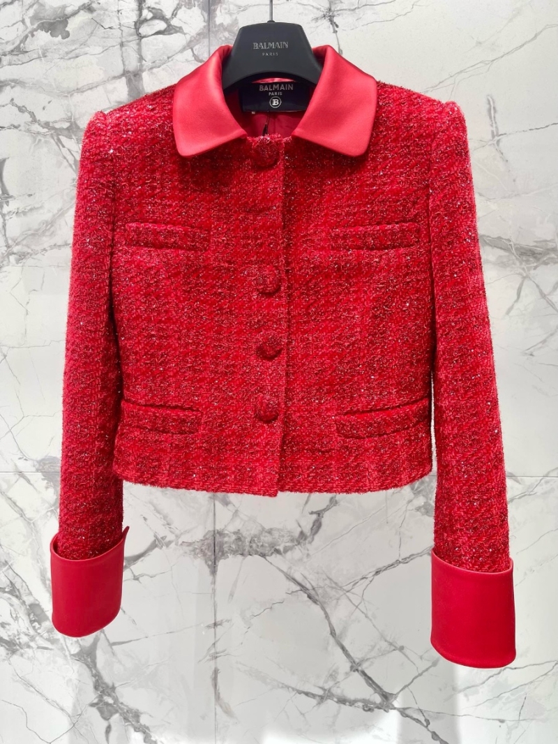 Balmain Fall/Winter 24 Tweed Jacket with Contrasting Collar Red