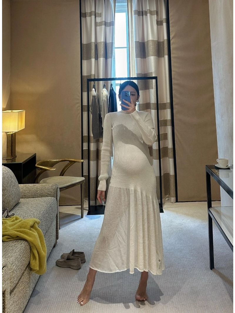 Chanel 24K Winter Luxe Ribbed Wool Maxi Dress - Off-White