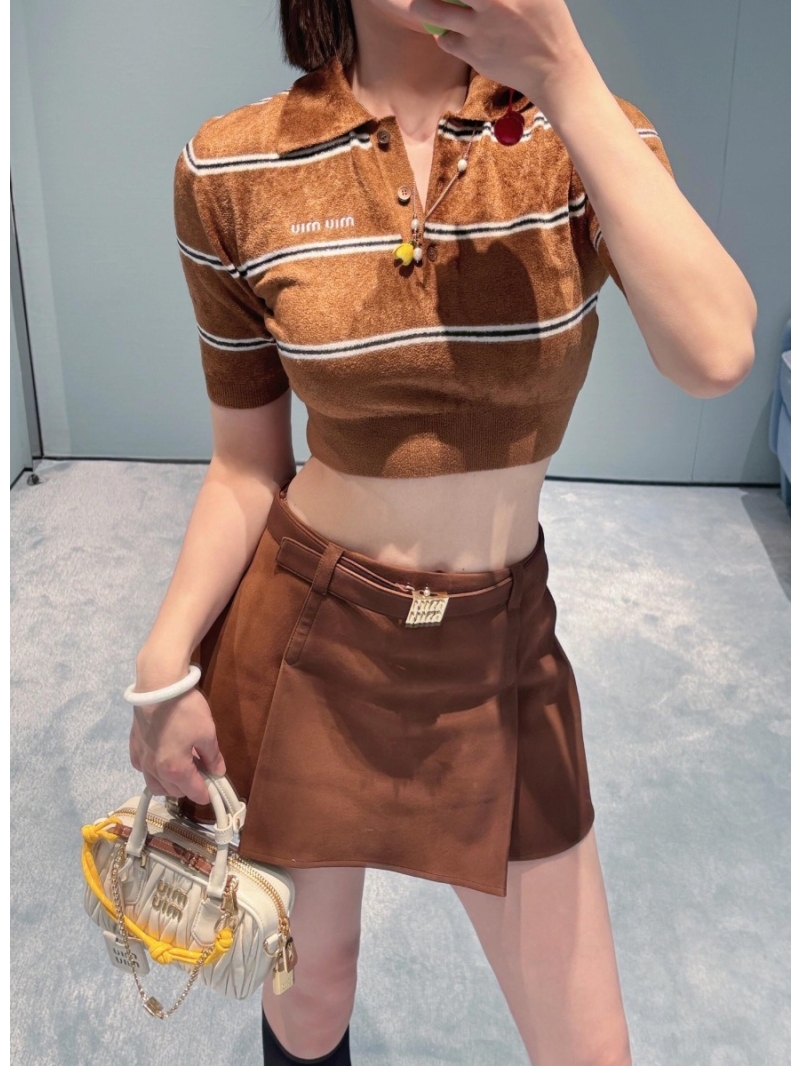 Miu Miu 25SS Spring/Summer Textured Striped Polo Knit Top Brown