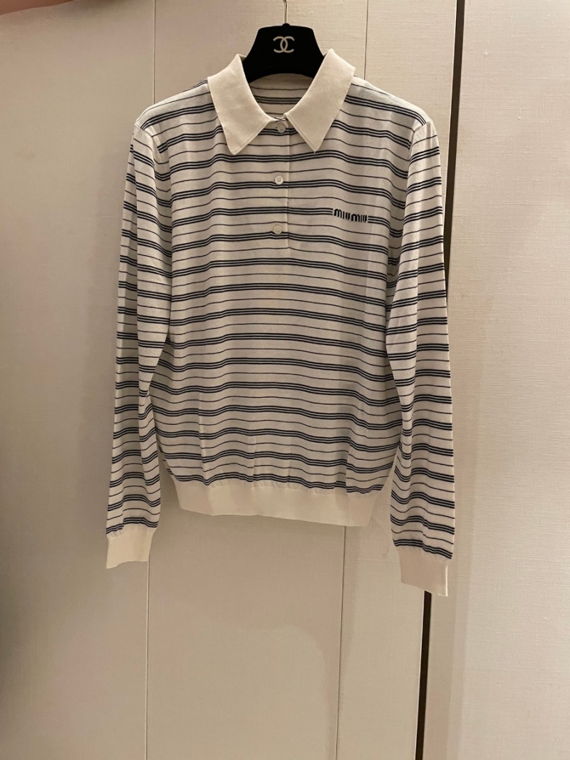 Miu Miu High-End 24SS Spring/Summer French Light Striped Polo Knit Shirt. 