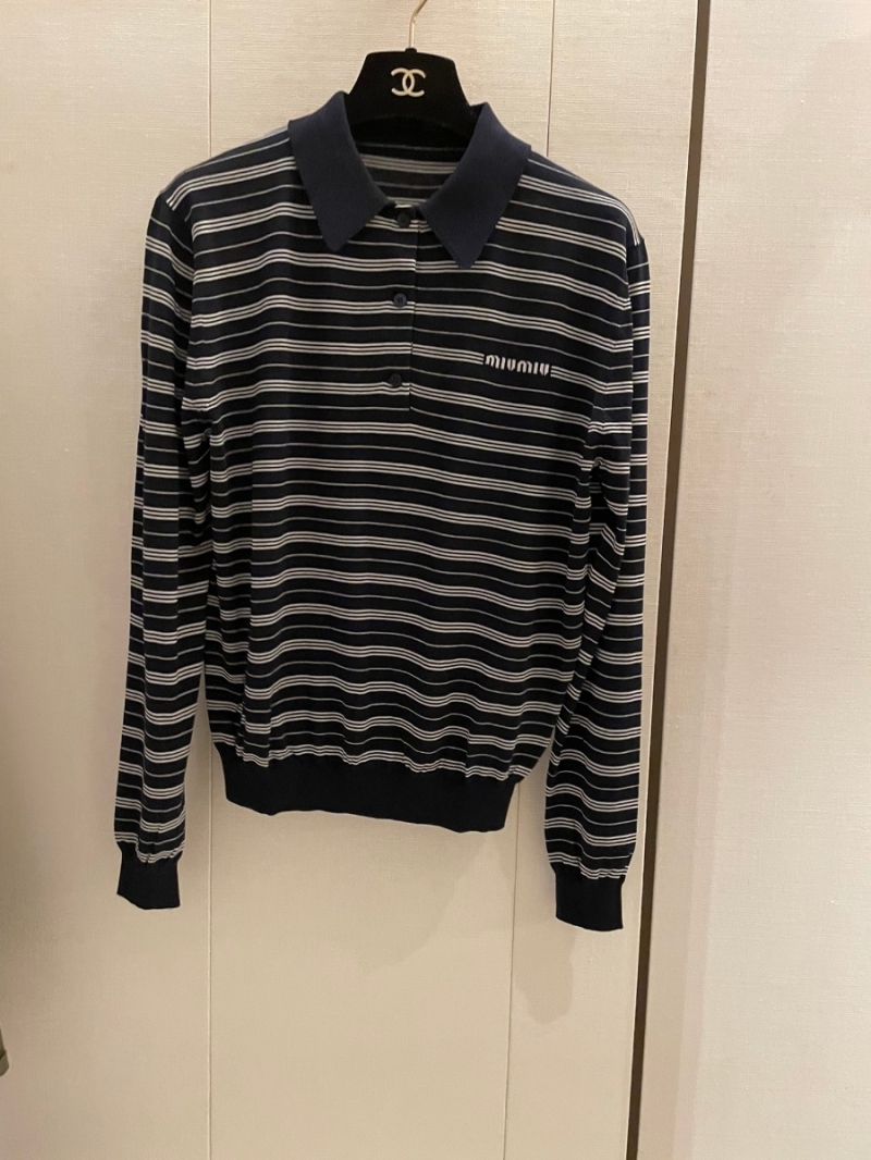 Miu Miu High-End 24SS Spring/Summer French Dark Striped Polo Knit Shirt. 