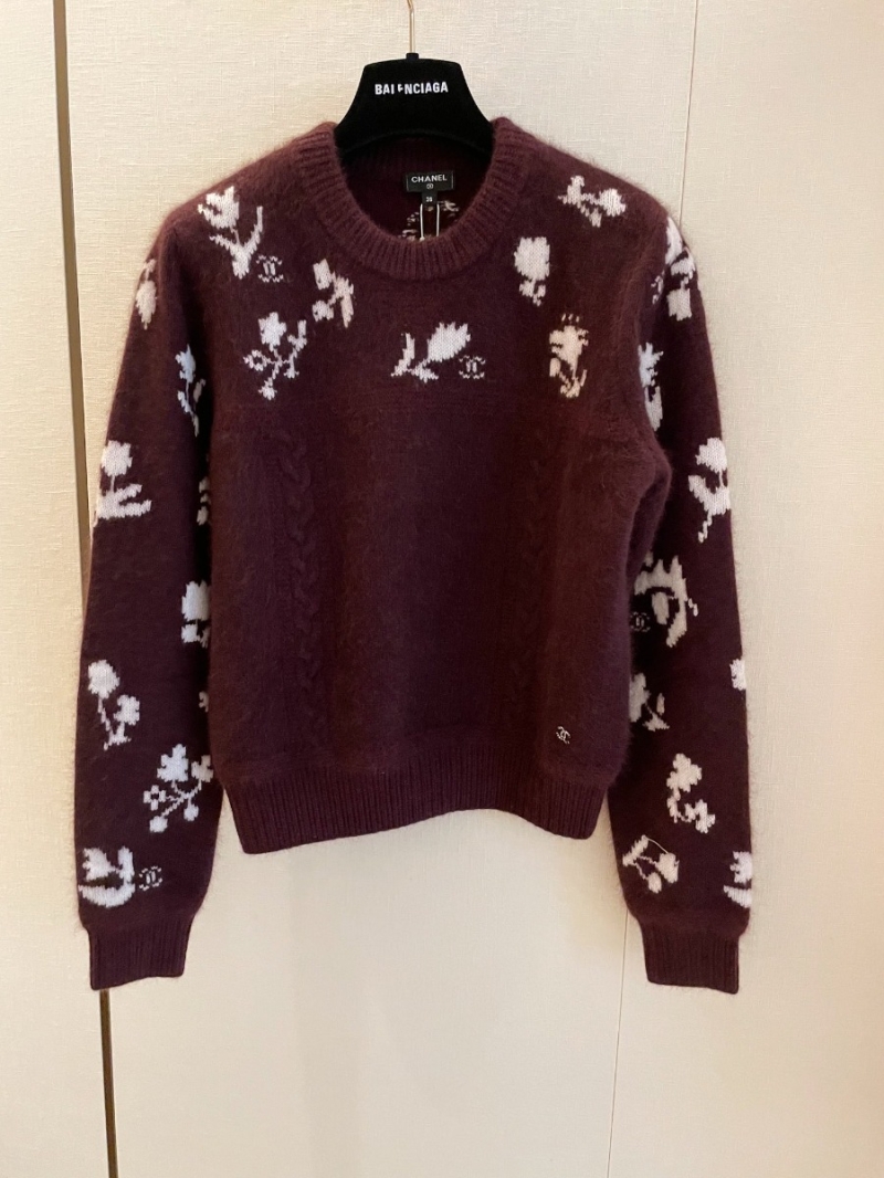 Chanel CC Angora Knit Cashmere Sweater - Burgundy Floral Pattern