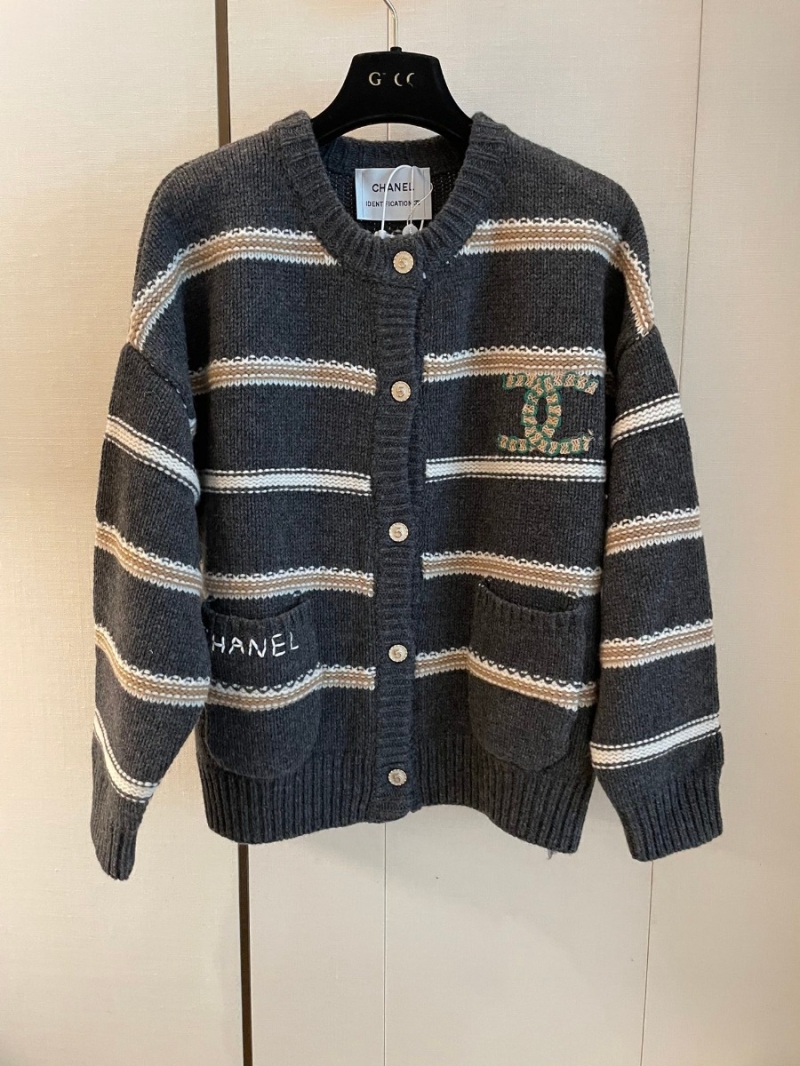 Chanel CC Vintage-Inspired Wool Blend Striped Cardigan. Charcoal