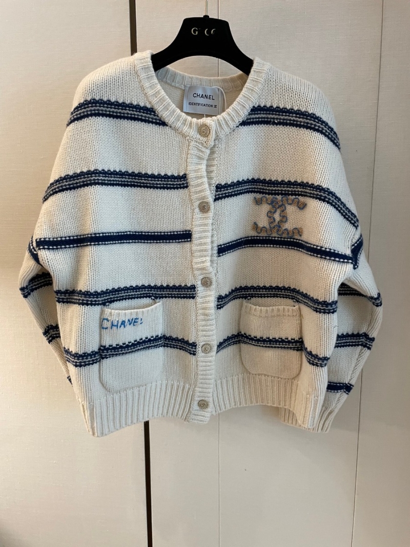 Chanel CC Vintage-Inspired Wool Blend Striped Cardigan. White