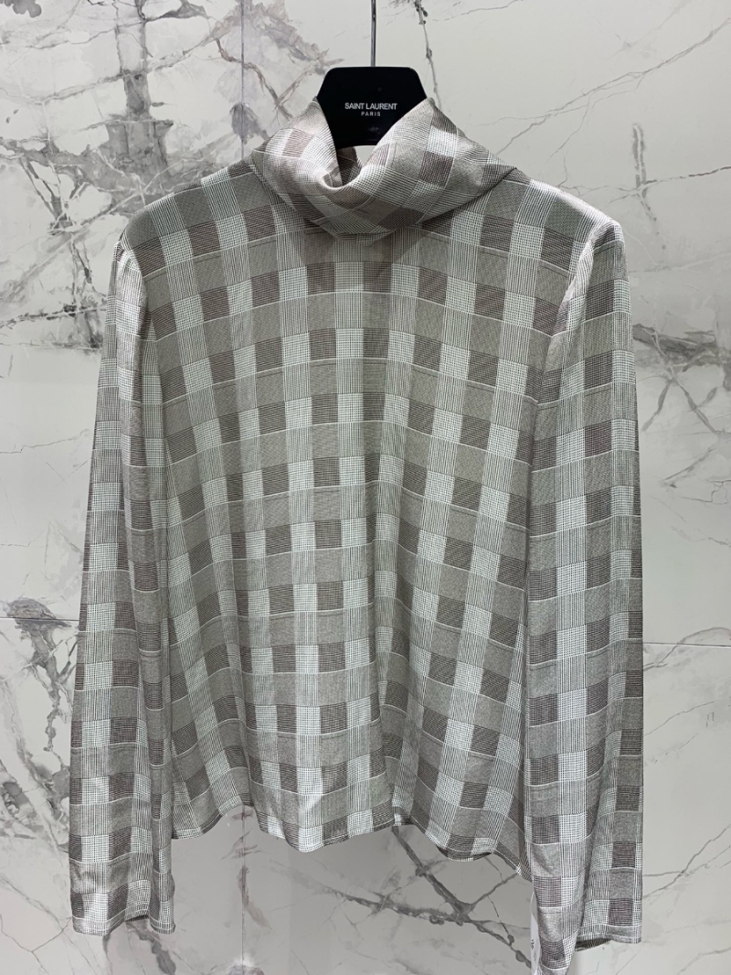 YSL Saint Laurent Silk Turtleneck Checkered Blouse