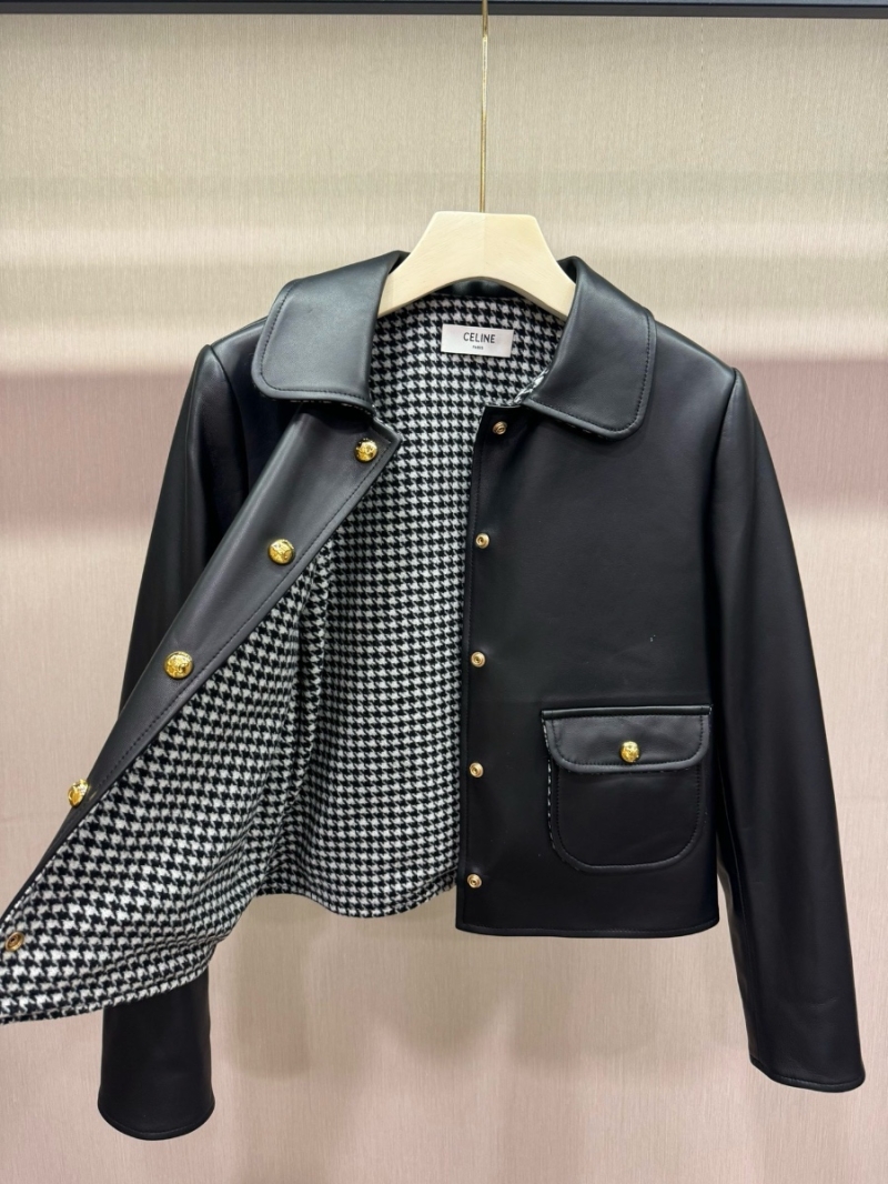 Celine 2024 Limited Edition Leather Jacket with Houndstooth Lining