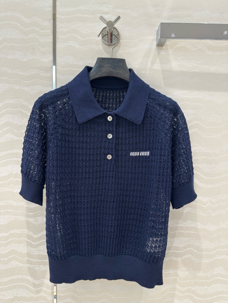 Miu Miu 2024 Summer New Openwork Polo Knit Top Navy – Sweet and Sophisticated Charm