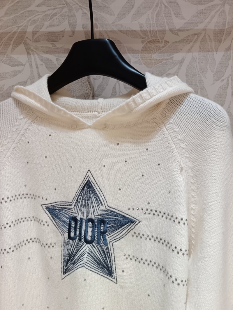 Dior Lucky Star Rhinestone Wool Knit Hoodie. Cream
