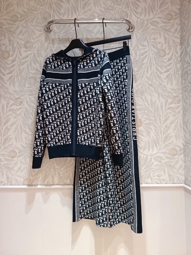 Dior Classic Cashmere Double-Faced Knit Hooded Cardigan & Pants Set. Navy Blue
