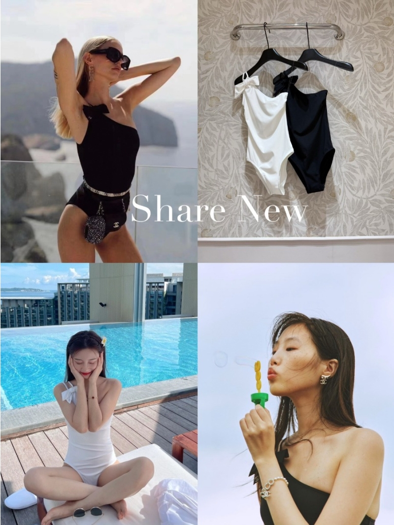 Chanel Coco Beach Butterfly Bow One-Shoulder Swimsuit - Black and White