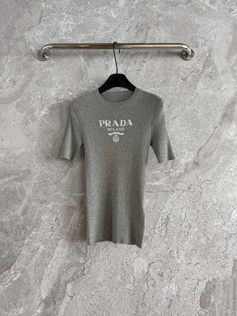 Prada 2025 Sleek Ribbed Knit Top Heather Gray