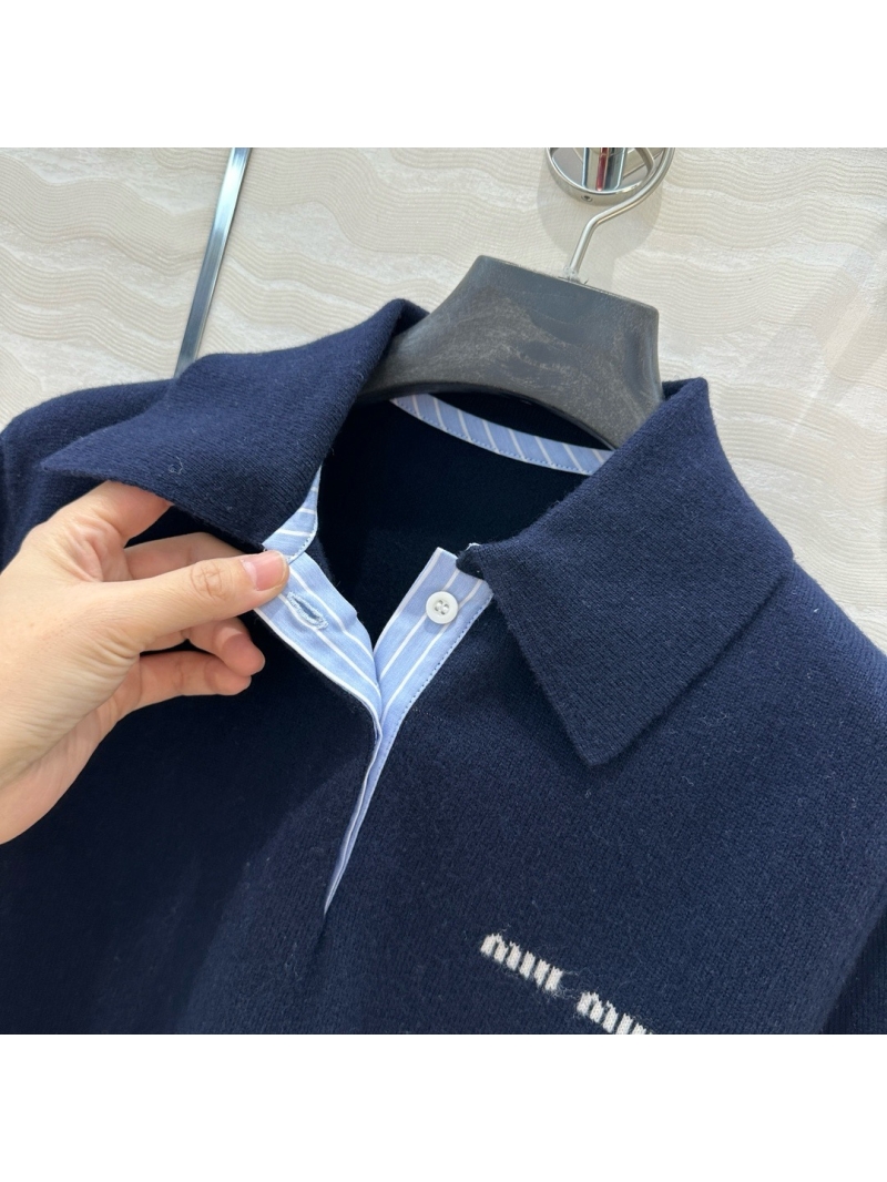 Miu Miu Spring 2025 Polo Knit Cashmere Shirt Sweater Navy