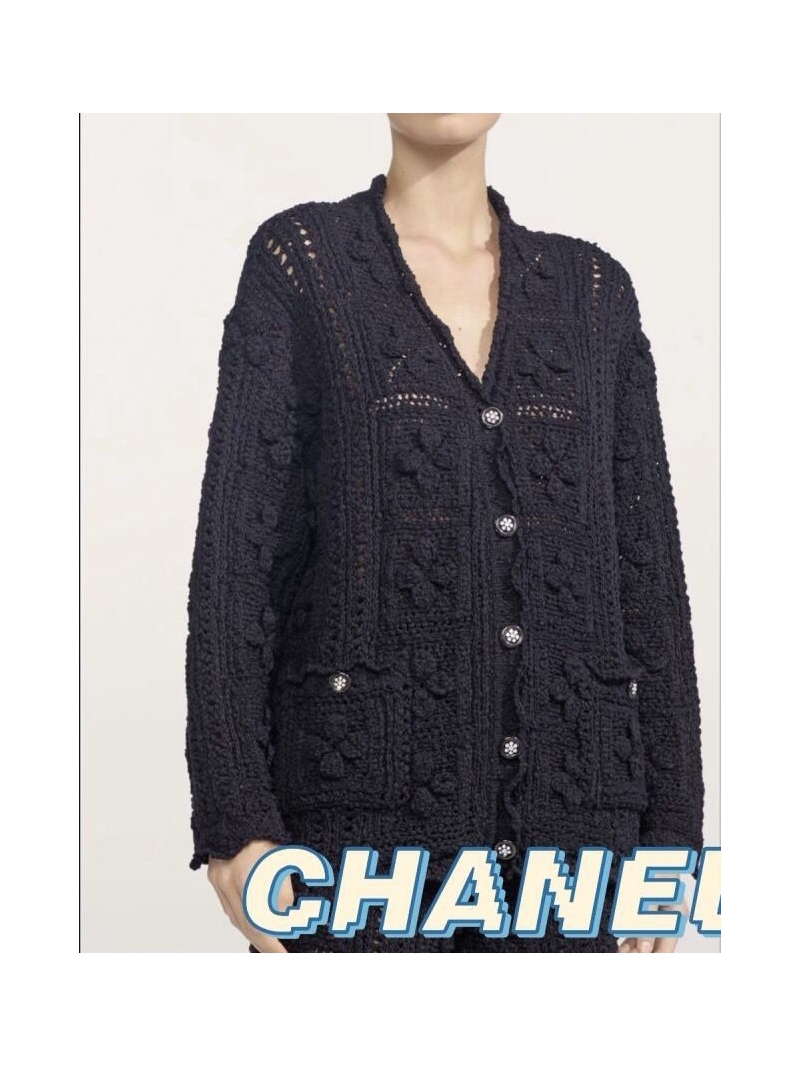 Chanel Coco 25C Limited Edition Early Spring Crochet Flower Embossed Cardigan Black