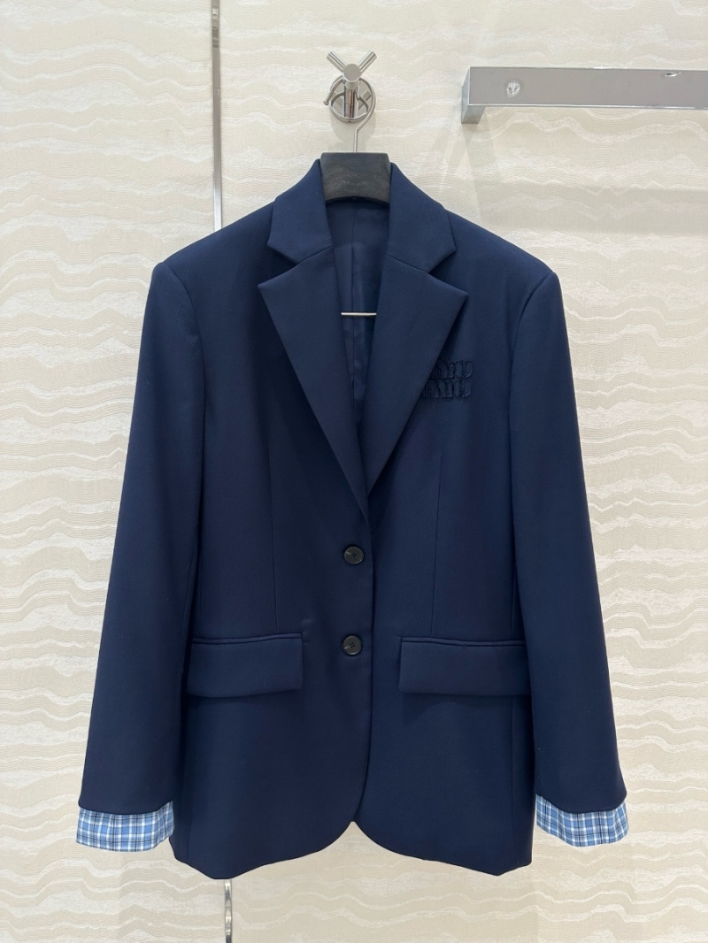 Miu Miu 2025 New Blue Plaid Cuff Wool Blazer – Youthful and Versatile