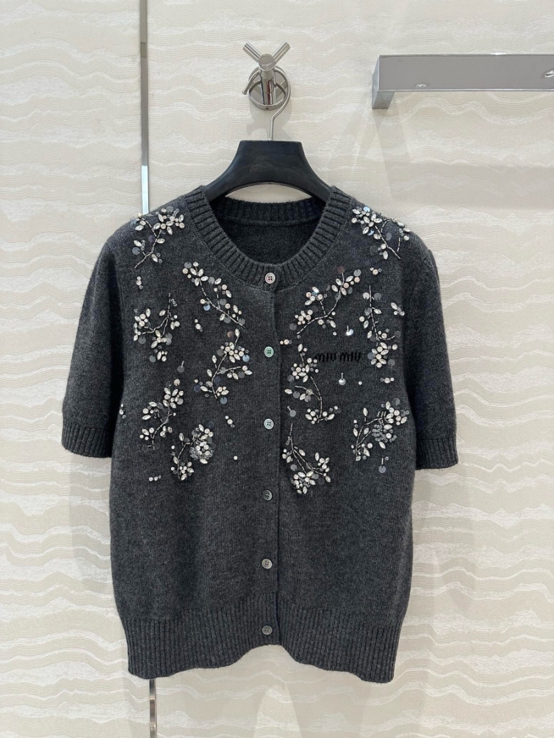 Miu Miu Embellished Floral Crystal Short-Sleeve Cashmere Cardigan – Sweet and Sophisticated