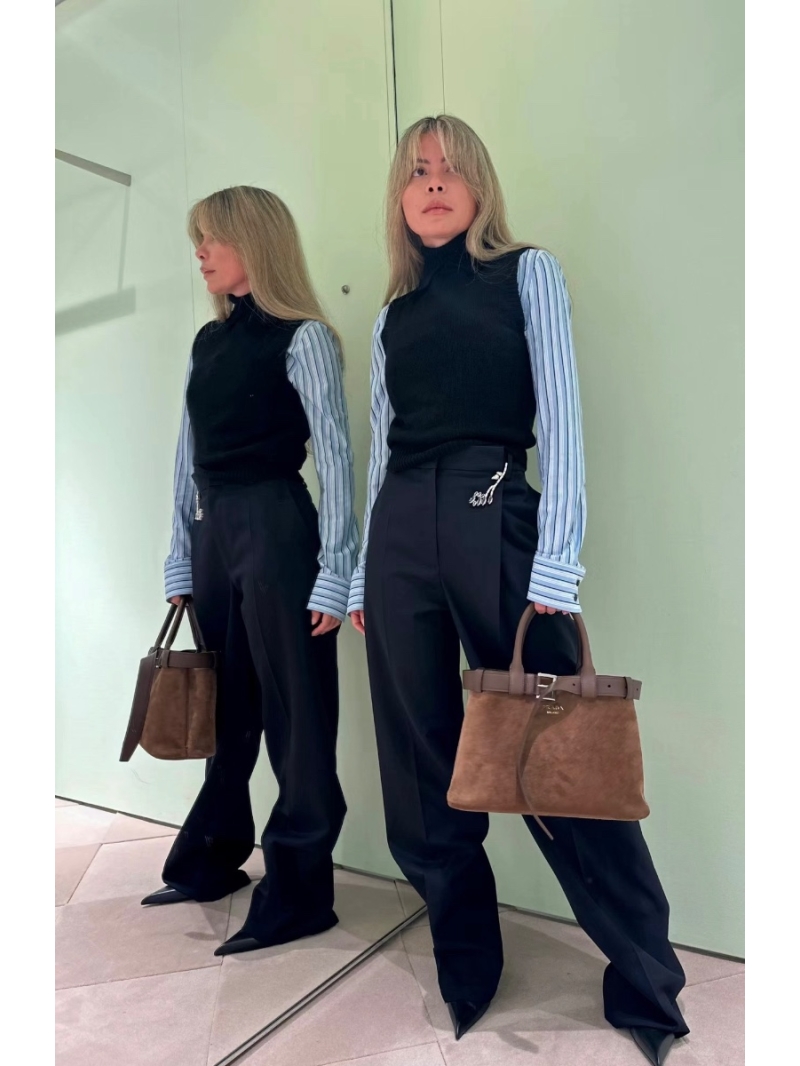 Prada Crystal Lily Brooch Embellished WoolBlend Trousers